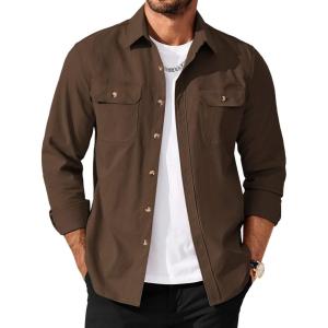 imageCOOFANDY Mens Shirt Jacket Casual Button Up Shirts Long Sleeve Lightweight Shacket with Flap PocketsBrown