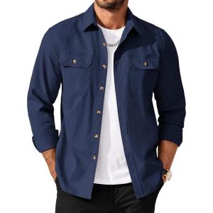 imageCOOFANDY Mens Shirt Jacket Casual Button Up Shirts Long Sleeve Lightweight Shacket with Flap PocketsNavy Blue