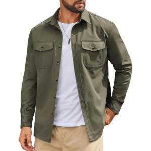 imageCOOFANDY Work Shirts for Mens Long Sleeve Casual Button Down Shirt Mens Shacket with Flap PocketsArmy Green