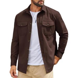 imageCOOFANDY Work Shirts for Mens Long Sleeve Casual Button Down Shirt Mens Shacket with Flap PocketsBrown
