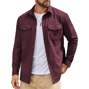 imageCOOFANDY Work Shirts for Mens Long Sleeve Casual Button Down Shirt Mens Shacket with Flap PocketsDark Red