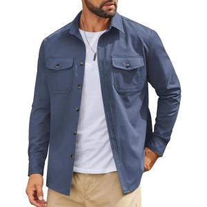 imageCOOFANDY Work Shirts for Mens Long Sleeve Casual Button Down Shirt Mens Shacket with Flap PocketsGrey Blue