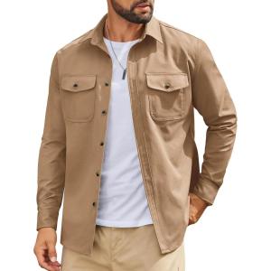 imageCOOFANDY Work Shirts for Mens Long Sleeve Casual Button Down Shirt Mens Shacket with Flap PocketsKakhi