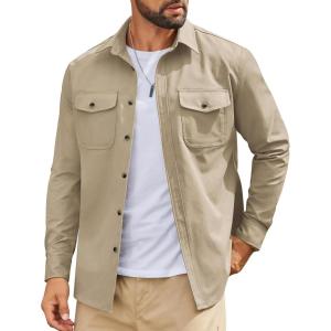 imageCOOFANDY Work Shirts for Mens Long Sleeve Casual Button Down Shirt Mens Shacket with Flap PocketsLight Brown