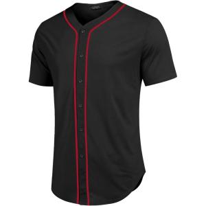 imageCOOFANDY Mens Baseball Button Down Jersey Short Sleeve Hipster Hip Hop T ShirtsBlackred Stripe