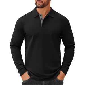 imageCOOFANDY Mens Cotton Polo Shirts Long Sleeve Casual Collared Shirt Classic Golf T ShirtAll Black