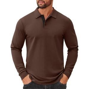 imageCOOFANDY Mens Cotton Polo Shirts Long Sleeve Casual Collared Shirt Classic Golf T ShirtBrown
