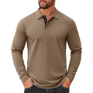 imageCOOFANDY Mens Cotton Polo Shirts Long Sleeve Casual Collared Shirt Classic Golf T ShirtKhaki