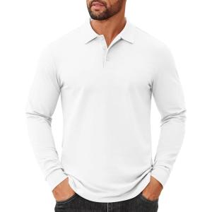 imageCOOFANDY Mens Cotton Polo Shirts Long Sleeve Casual Collared Shirt Classic Golf T ShirtWhite