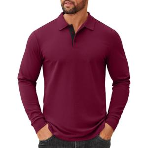 imageCOOFANDY Mens Cotton Polo Shirts Long Sleeve Casual Collared Shirt Classic Golf T ShirtWine Red
