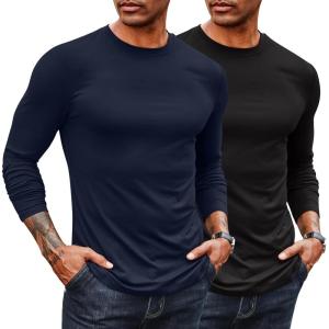imageCOOFANDY Mens Long Sleeve Tee Shirts Stretch Crew Neck Thermal Shirts Casual T Shirts for Men2 Pack Blackdark Blue