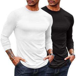 imageCOOFANDY Mens Long Sleeve Tee Shirts Stretch Crew Neck Thermal Shirts Casual T Shirts for Men2 Pack Blackwhite