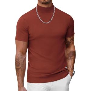imageCOOFANDY Mens Mock Turtleneck Sweater Short Sleeve Casual Dress Sweater Slim Fit Pullover Basic Knit TeeCaramel