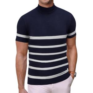 imageCOOFANDY Mens Mock Turtleneck Sweater Short Sleeve Casual Dress Sweater Slim Fit Pullover Basic Knit TeeNavy Stripe