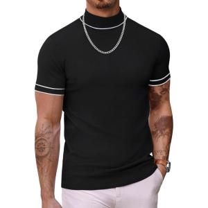 imageCOOFANDY Mens Mock Turtleneck Sweater Short Sleeve Casual Dress Sweater Slim Fit Pullover Basic Knit TeeStriped Black