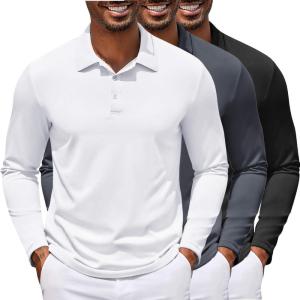 imageCOOFANDY Mens Polo Shirt Long Sleeve Moisture Wicking Golf Shirts Sun Protection Collared Work Shirts3 Pack Black  White  Dark Grey