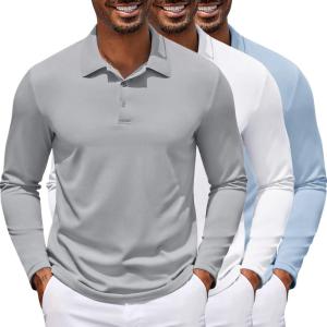 imageCOOFANDY Mens Polo Shirt Long Sleeve Moisture Wicking Golf Shirts Sun Protection Collared Work Shirts3 Pack Light Blue  White  Light Grey