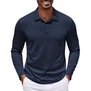 imageCOOFANDY Mens Polo Shirt Long Sleeve Moisture Wicking Golf Shirts Sun Protection Collared Work ShirtsNavy Blue