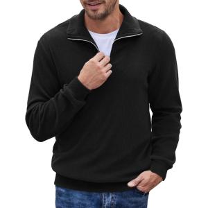 imageCOOFANDY Mens Quarter Zip Up Pullover Mock Neck Long Sleeve Sweater Casual Corduroy Polo SweatshirtBlack