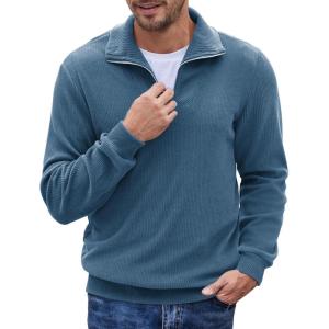 imageCOOFANDY Mens Quarter Zip Up Pullover Mock Neck Long Sleeve Sweater Casual Corduroy Polo SweatshirtDark Blue