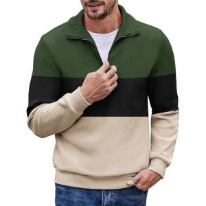 imageCOOFANDY Mens Quarter Zip Up Pullover Mock Neck Long Sleeve Sweater Casual Corduroy Polo SweatshirtGreen Black Khaki