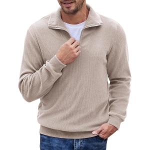 imageCOOFANDY Mens Quarter Zip Up Pullover Mock Neck Long Sleeve Sweater Casual Corduroy Polo SweatshirtMoon Gray