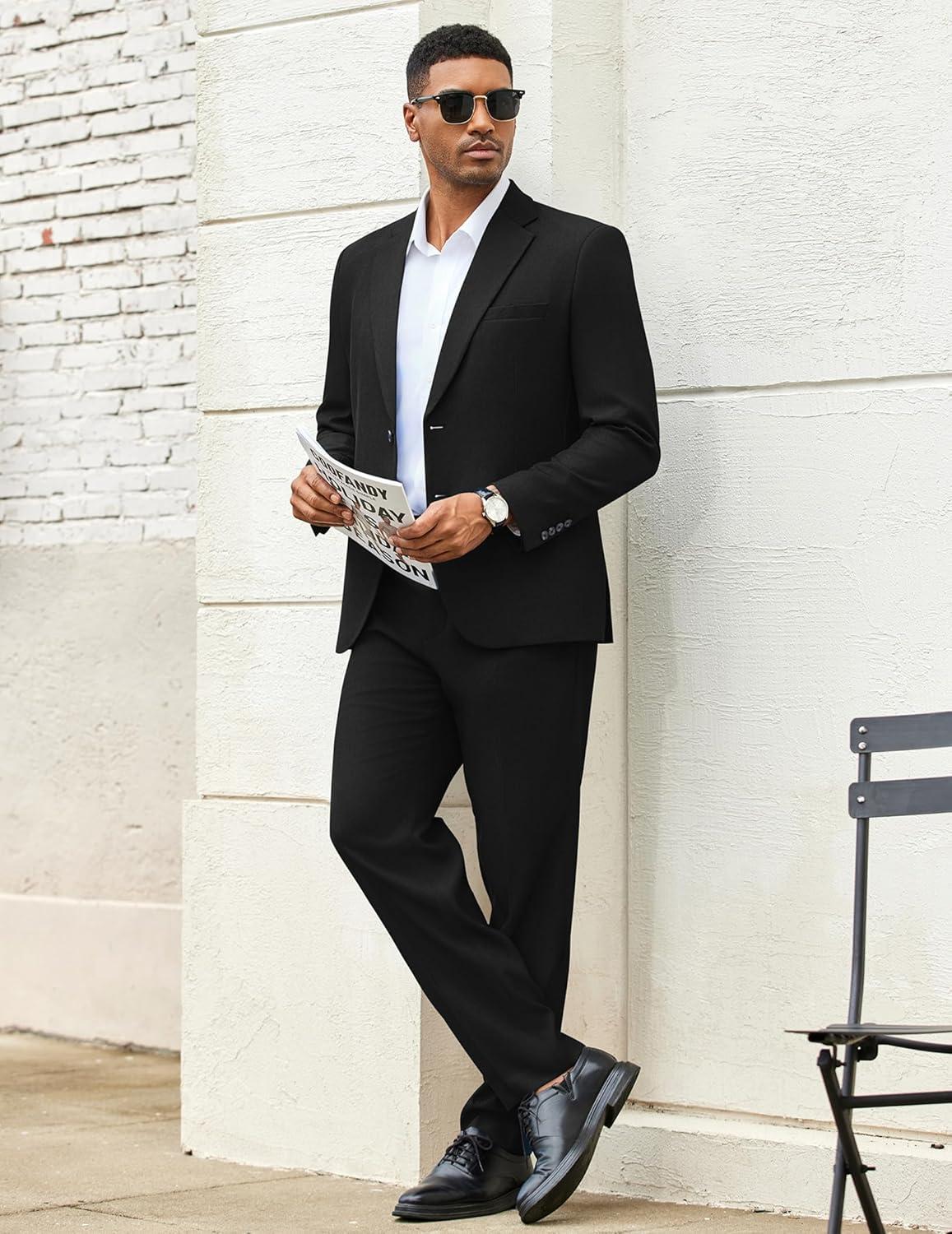 imageCOOFANDY Mens 2 Piece Suits Regular Fit Two Buttons Casual Blazer Jacket and Pants Set Tuxedo Suit for Wedding Prom BusinessBlack