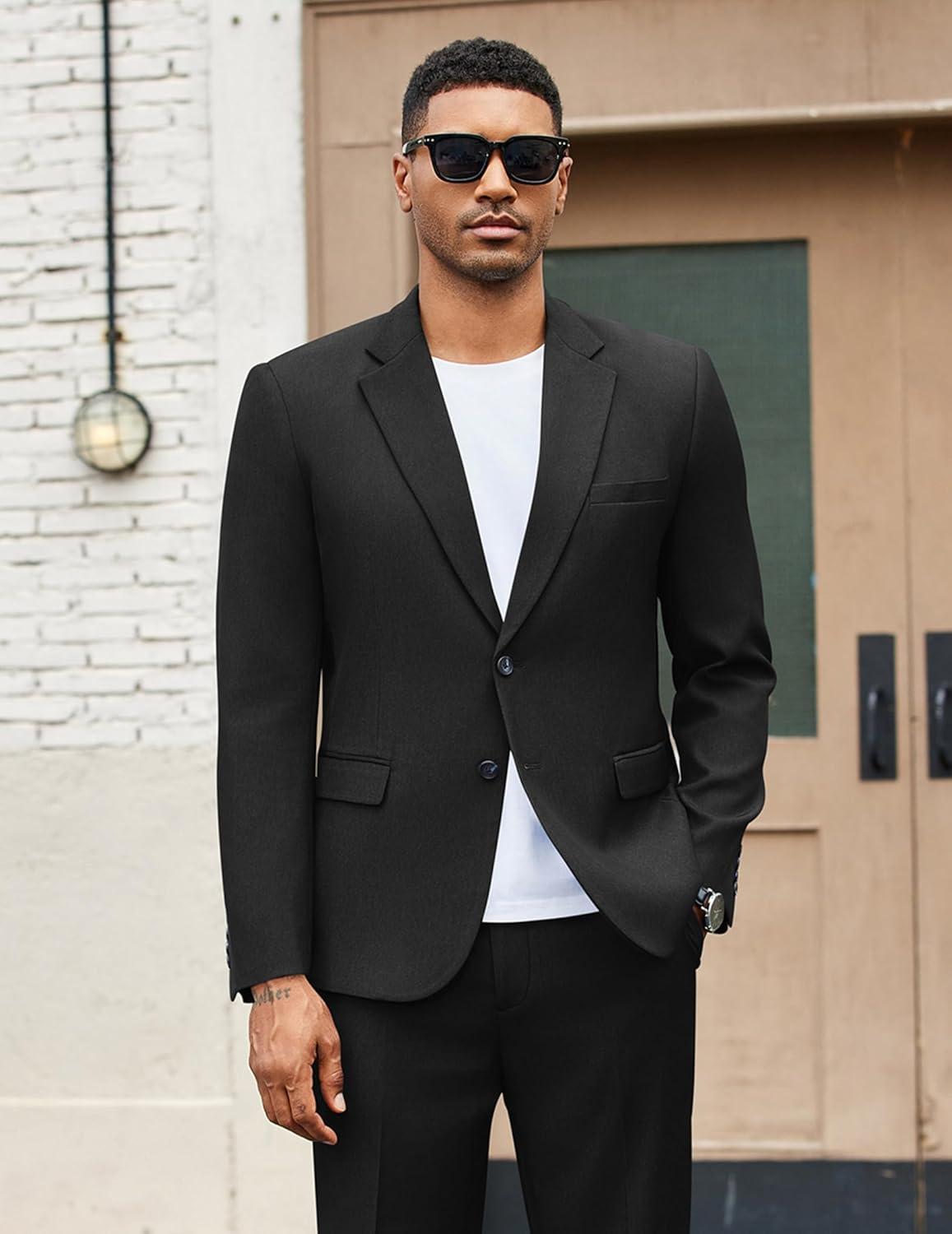 imageCOOFANDY Mens 2 Piece Suits Regular Fit Two Buttons Casual Blazer Jacket and Pants Set Tuxedo Suit for Wedding Prom BusinessBlack