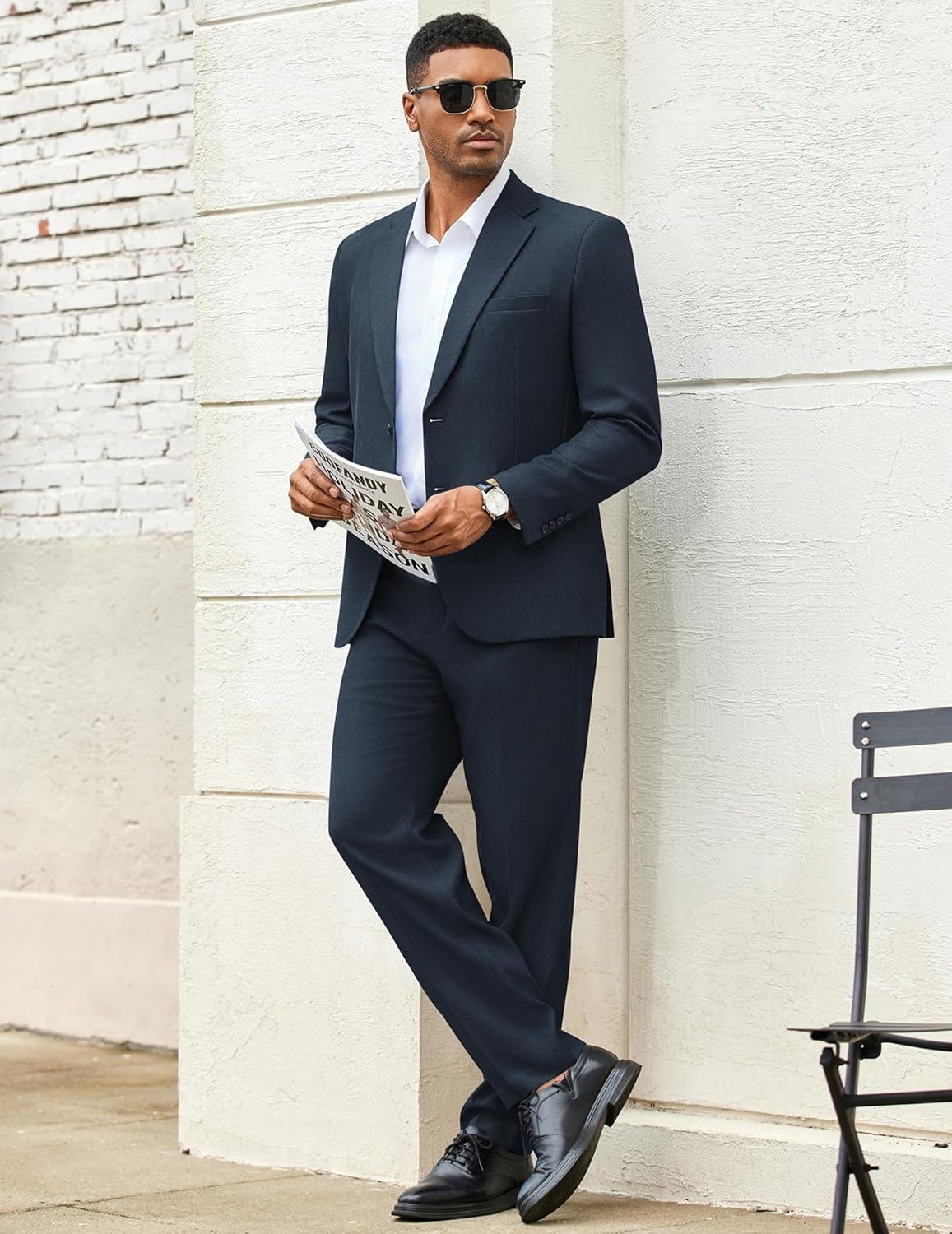 imageCOOFANDY Mens 2 Piece Suits Regular Fit Two Buttons Casual Blazer Jacket and Pants Set Tuxedo Suit for Wedding Prom BusinessDark Blue