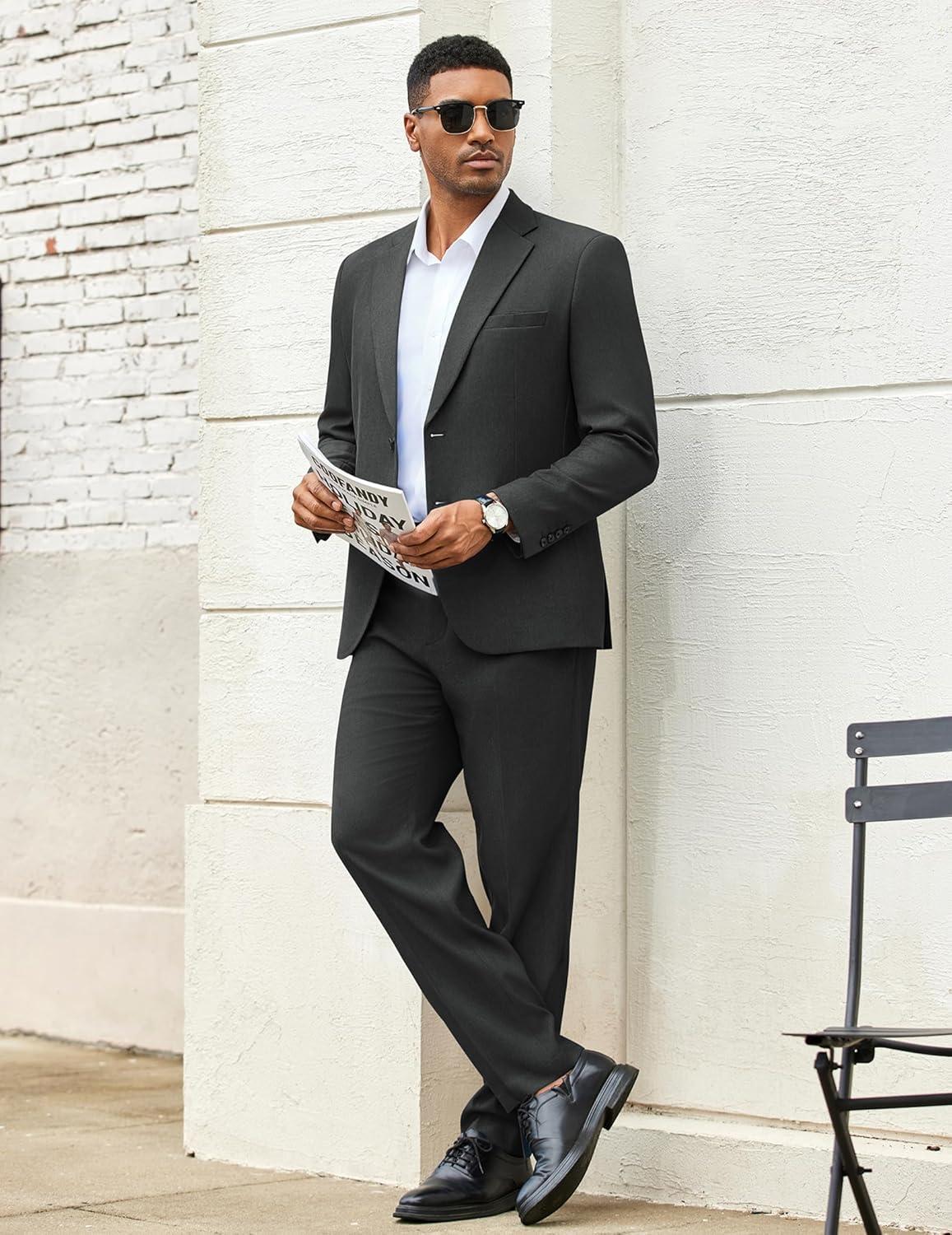 imageCOOFANDY Mens 2 Piece Suits Regular Fit Two Buttons Casual Blazer Jacket and Pants Set Tuxedo Suit for Wedding Prom BusinessDark Gray