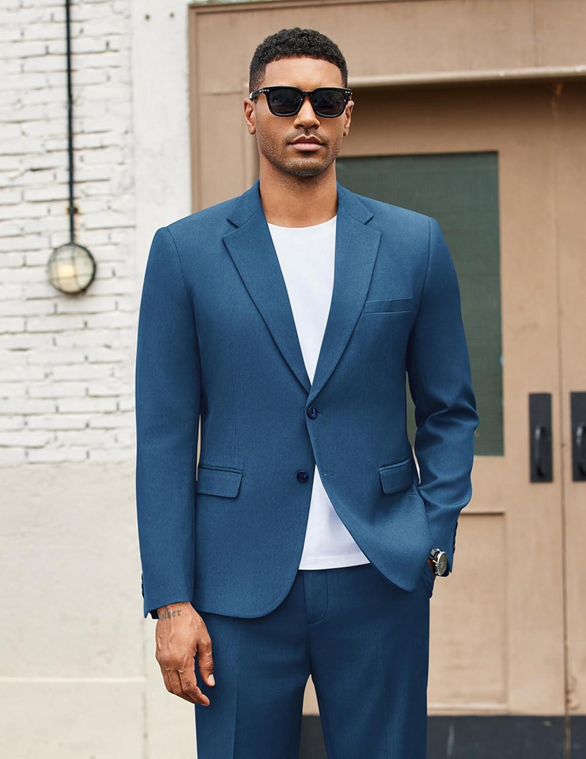 imageCOOFANDY Mens 2 Piece Suits Regular Fit Two Buttons Casual Blazer Jacket and Pants Set Tuxedo Suit for Wedding Prom BusinessNavy Blue