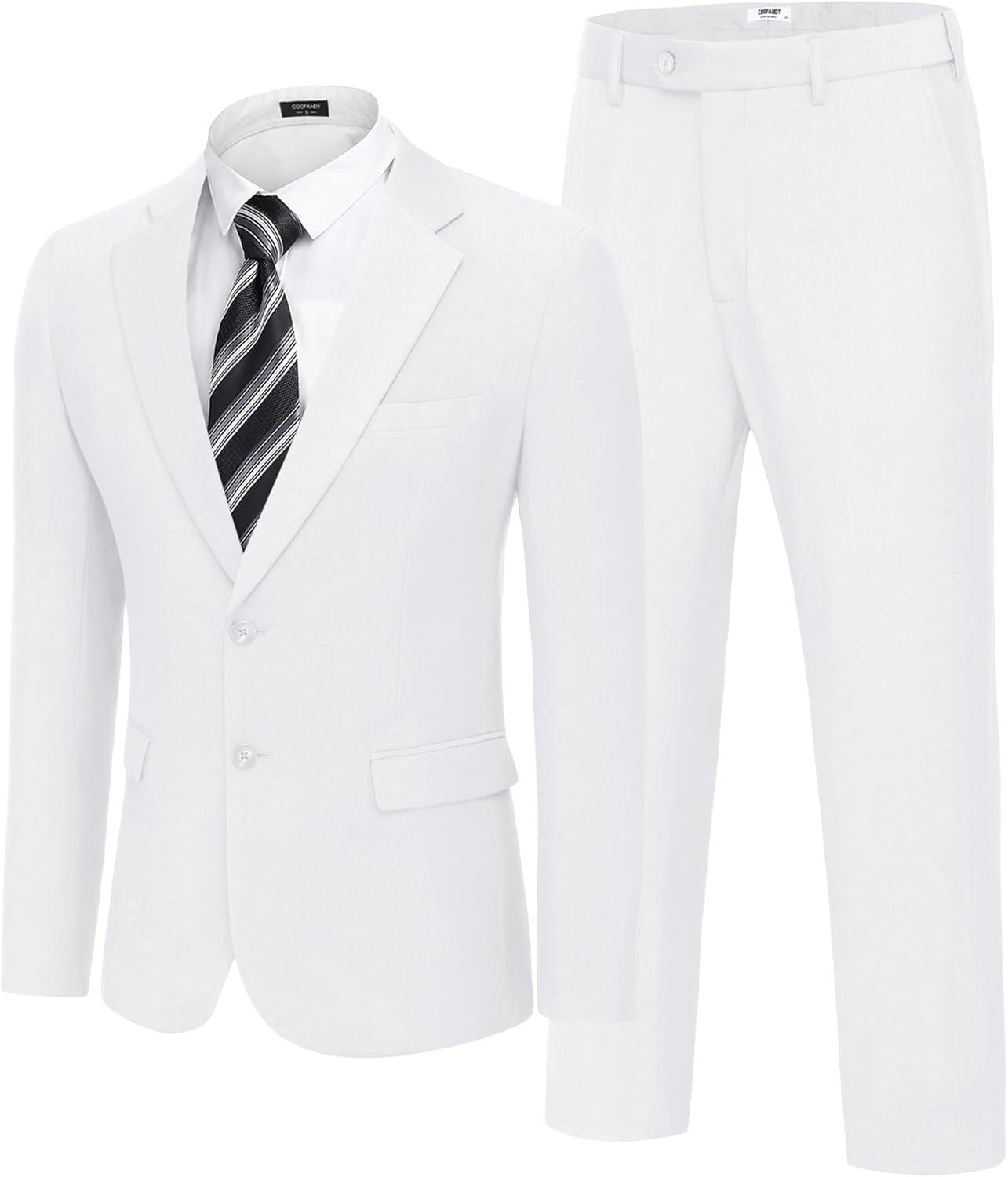 imageCOOFANDY Mens 2 Piece Suits Regular Fit Two Buttons Casual Blazer Jacket and Pants Set Tuxedo Suit for Wedding Prom BusinessWhite