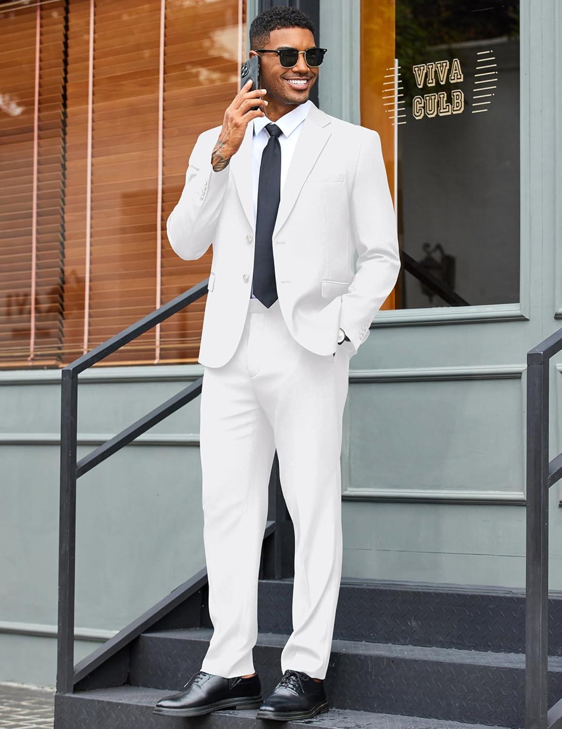 imageCOOFANDY Mens 2 Piece Suits Regular Fit Two Buttons Casual Blazer Jacket and Pants Set Tuxedo Suit for Wedding Prom BusinessWhite
