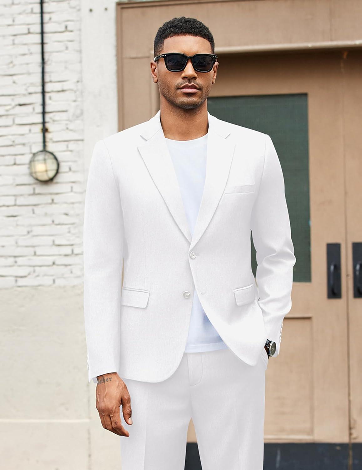 imageCOOFANDY Mens 2 Piece Suits Regular Fit Two Buttons Casual Blazer Jacket and Pants Set Tuxedo Suit for Wedding Prom BusinessWhite