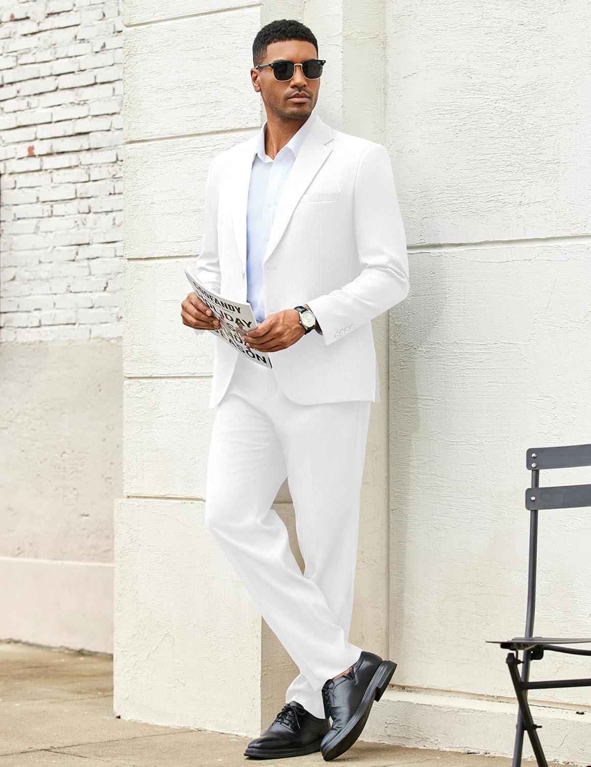 imageCOOFANDY Mens 2 Piece Suits Regular Fit Two Buttons Casual Blazer Jacket and Pants Set Tuxedo Suit for Wedding Prom BusinessWhite