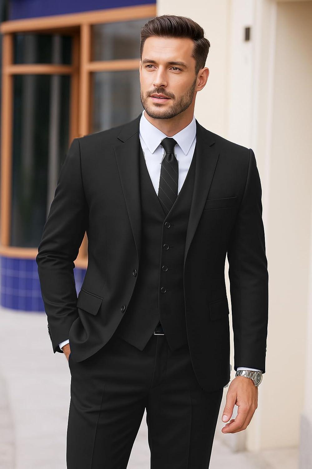 imageCOOFANDY Mens 3 Pieces Suits Classic Fit 2 Buttons Dress Suit Set Wedding Business Dinner Prom Jacket Vest PantsBlack