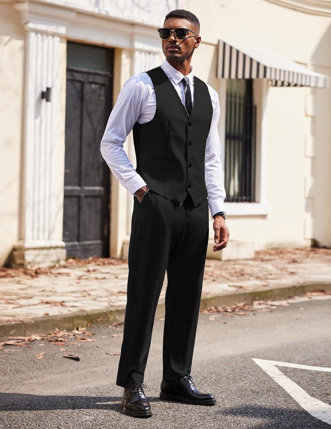 imageCOOFANDY Mens 3 Pieces Suits Classic Fit 2 Buttons Dress Suit Set Wedding Business Dinner Prom Jacket Vest PantsBlack