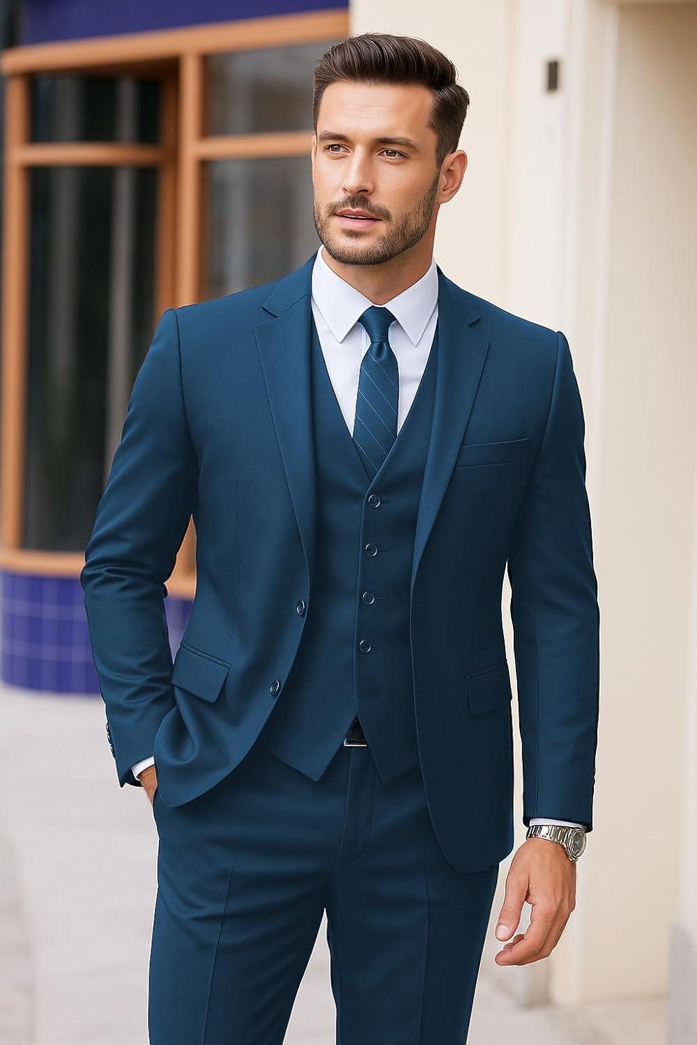 imageCOOFANDY Mens 3 Pieces Suits Classic Fit 2 Buttons Dress Suit Set Wedding Business Dinner Prom Jacket Vest PantsBlue