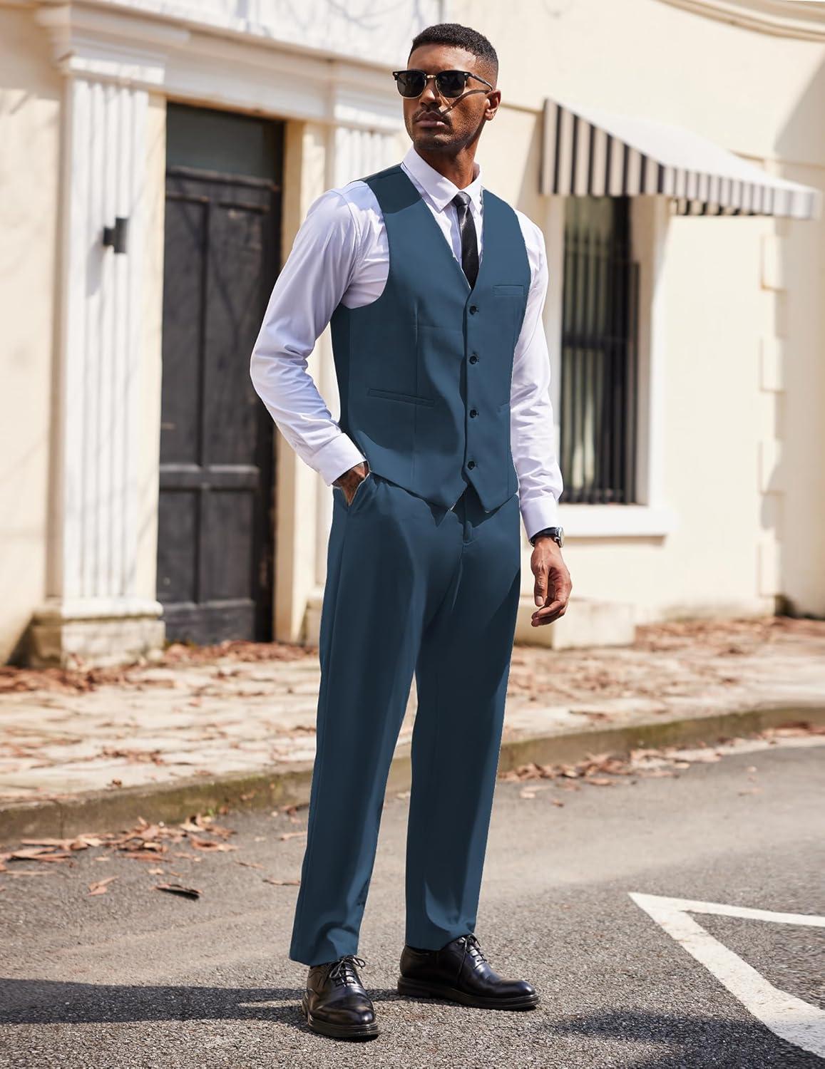 imageCOOFANDY Mens 3 Pieces Suits Classic Fit 2 Buttons Dress Suit Set Wedding Business Dinner Prom Jacket Vest PantsBlue