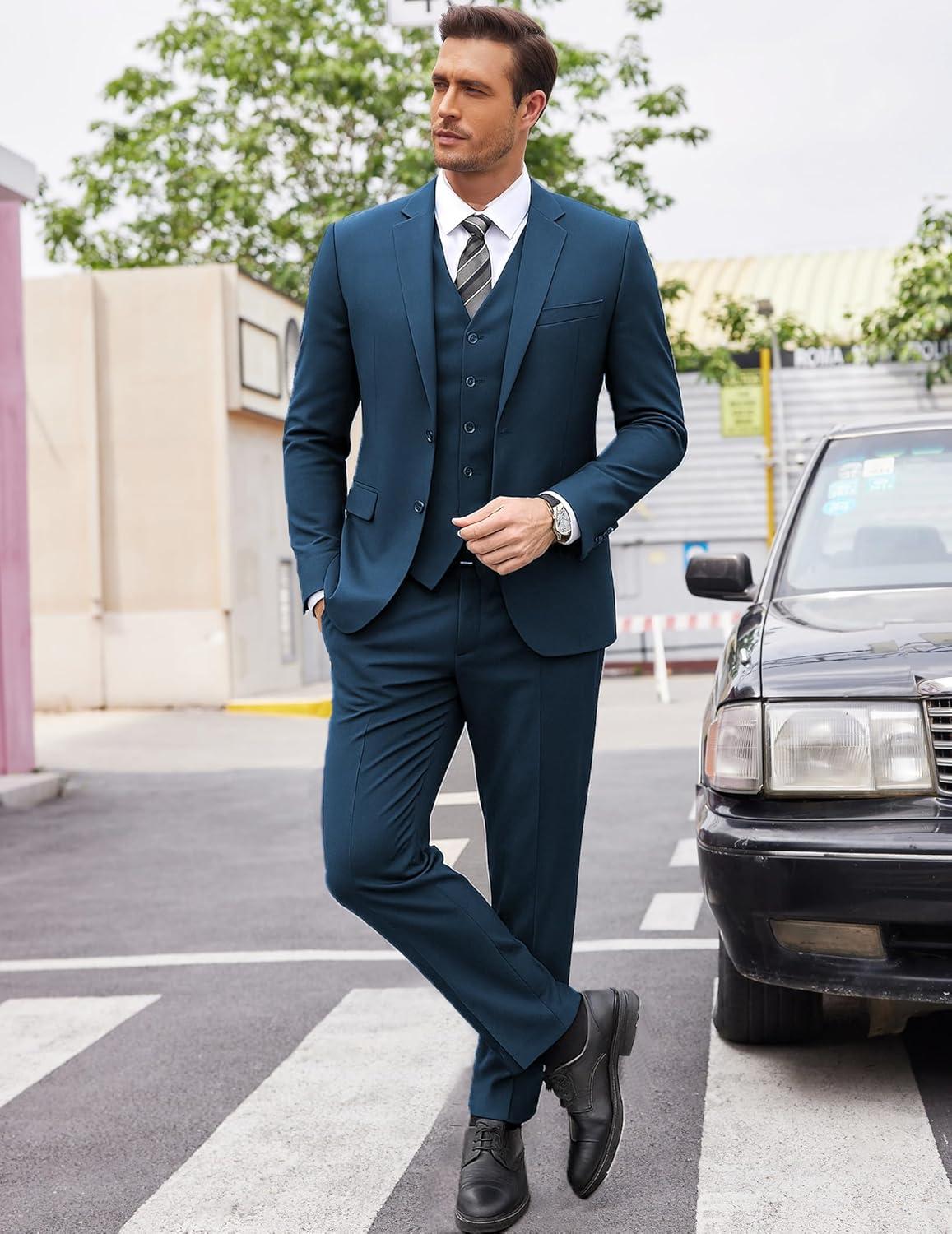 imageCOOFANDY Mens 3 Pieces Suits Classic Fit 2 Buttons Dress Suit Set Wedding Business Dinner Prom Jacket Vest PantsBlue