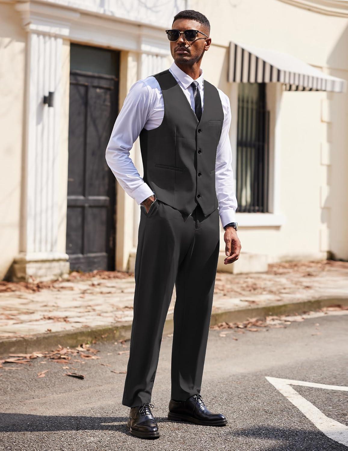 imageCOOFANDY Mens 3 Pieces Suits Classic Fit 2 Buttons Dress Suit Set Wedding Business Dinner Prom Jacket Vest PantsDark Grey