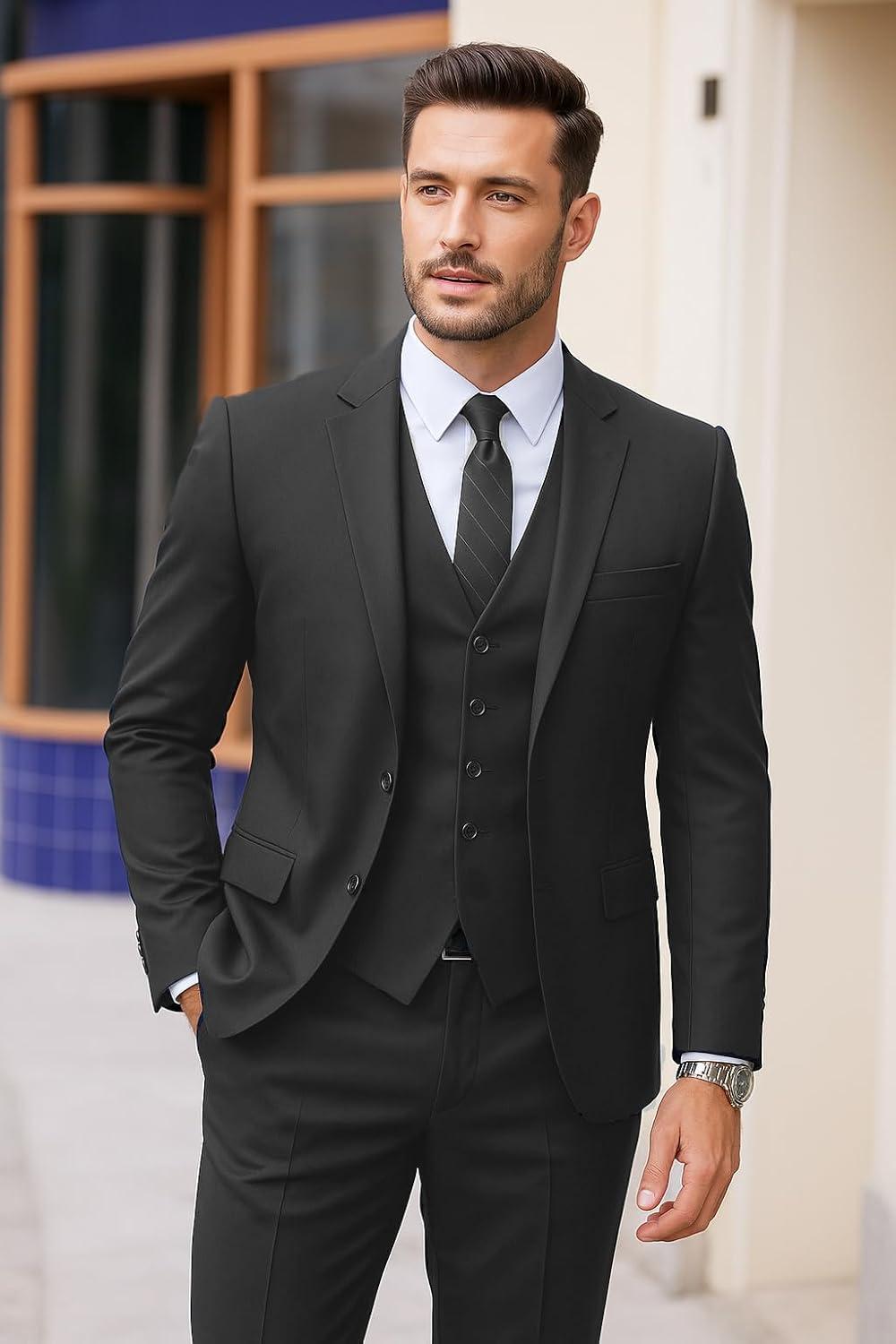 imageCOOFANDY Mens 3 Pieces Suits Classic Fit 2 Buttons Dress Suit Set Wedding Business Dinner Prom Jacket Vest PantsDark Grey