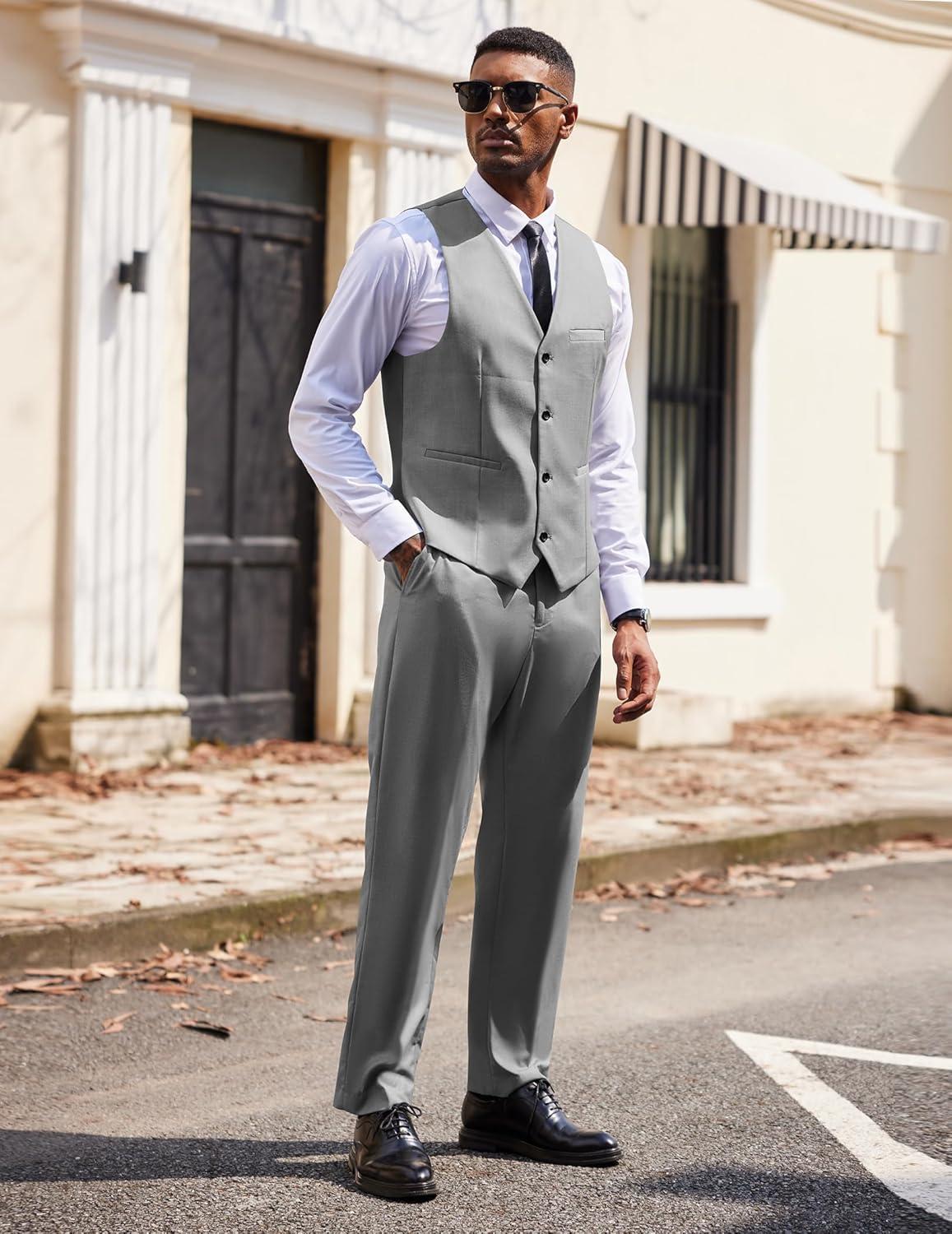 imageCOOFANDY Mens 3 Pieces Suits Classic Fit 2 Buttons Dress Suit Set Wedding Business Dinner Prom Jacket Vest PantsLight Grey