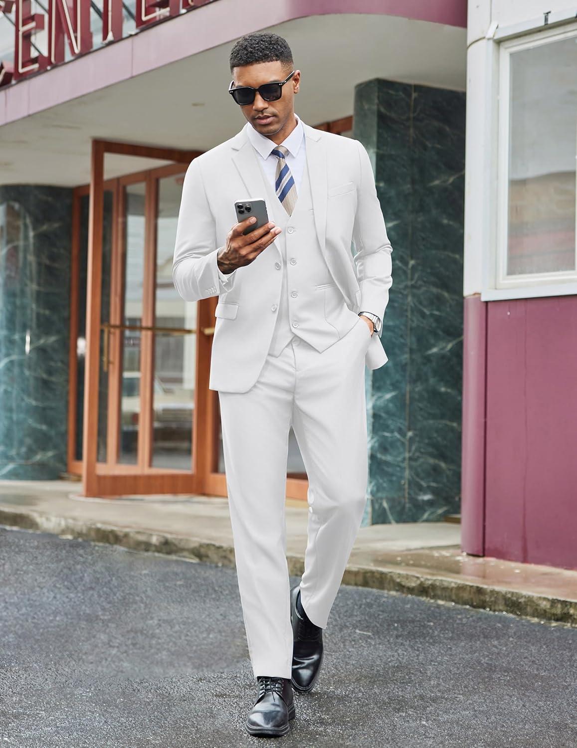 imageCOOFANDY Mens 3 Pieces Suits Classic Fit 2 Buttons Dress Suit Set Wedding Business Dinner Prom Jacket Vest PantsWhite