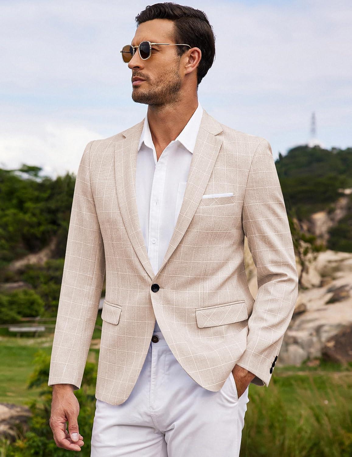 imageCOOFANDY Mens Blazer Casual Sport Coats Slim Fit One Button Suit Jacket Lightweight Sports JacketPlaid Blazer  Beige