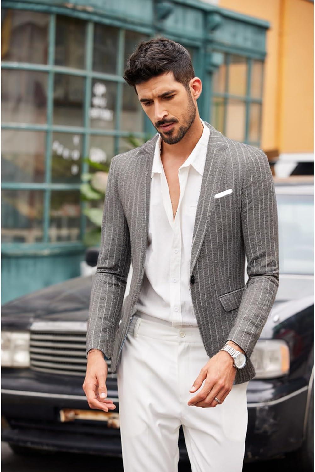 imageCOOFANDY Mens Blazer Casual Sport Coats Slim Fit One Button Suit Jacket Lightweight Sports JacketStriped Blazer  Dark Gray