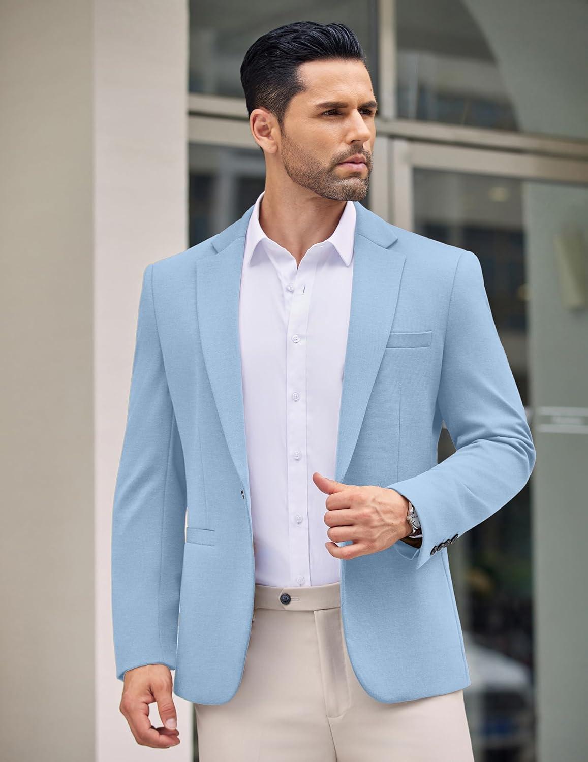 imageCOOFANDY Mens Casual Blazer Jacket One Button Suit Jackets Lightweight Knit Sport CoatLight Blue