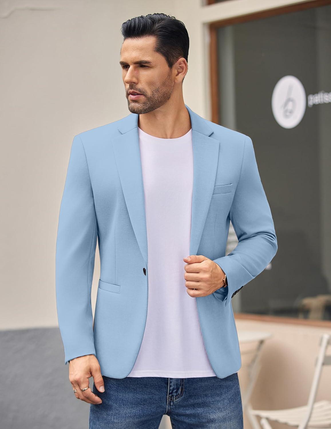imageCOOFANDY Mens Casual Blazer Jacket One Button Suit Jackets Lightweight Knit Sport CoatLight Blue