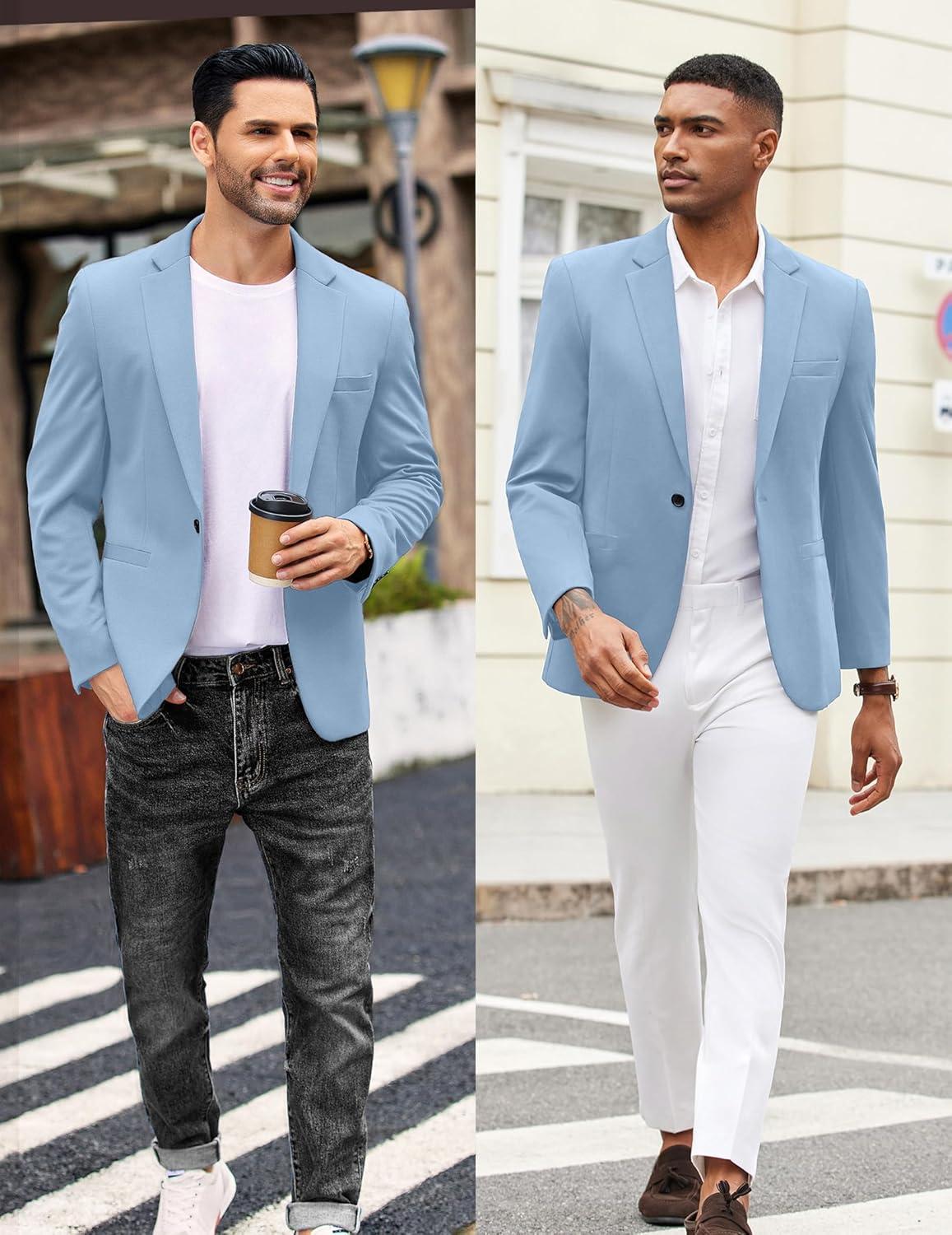 imageCOOFANDY Mens Casual Blazer Jacket One Button Suit Jackets Lightweight Knit Sport CoatLight Blue