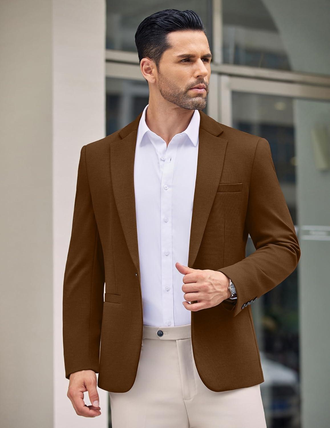 imageCOOFANDY Mens Casual Blazer Jacket One Button Suit Jackets Lightweight Knit Sport CoatLight Brown
